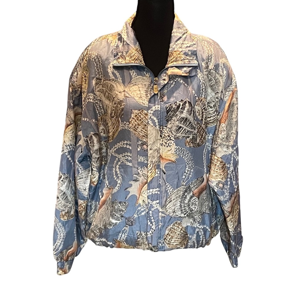 Fuda International Vintage 90s Silk Bomber Jacket Seashell Pearl Print Blue M